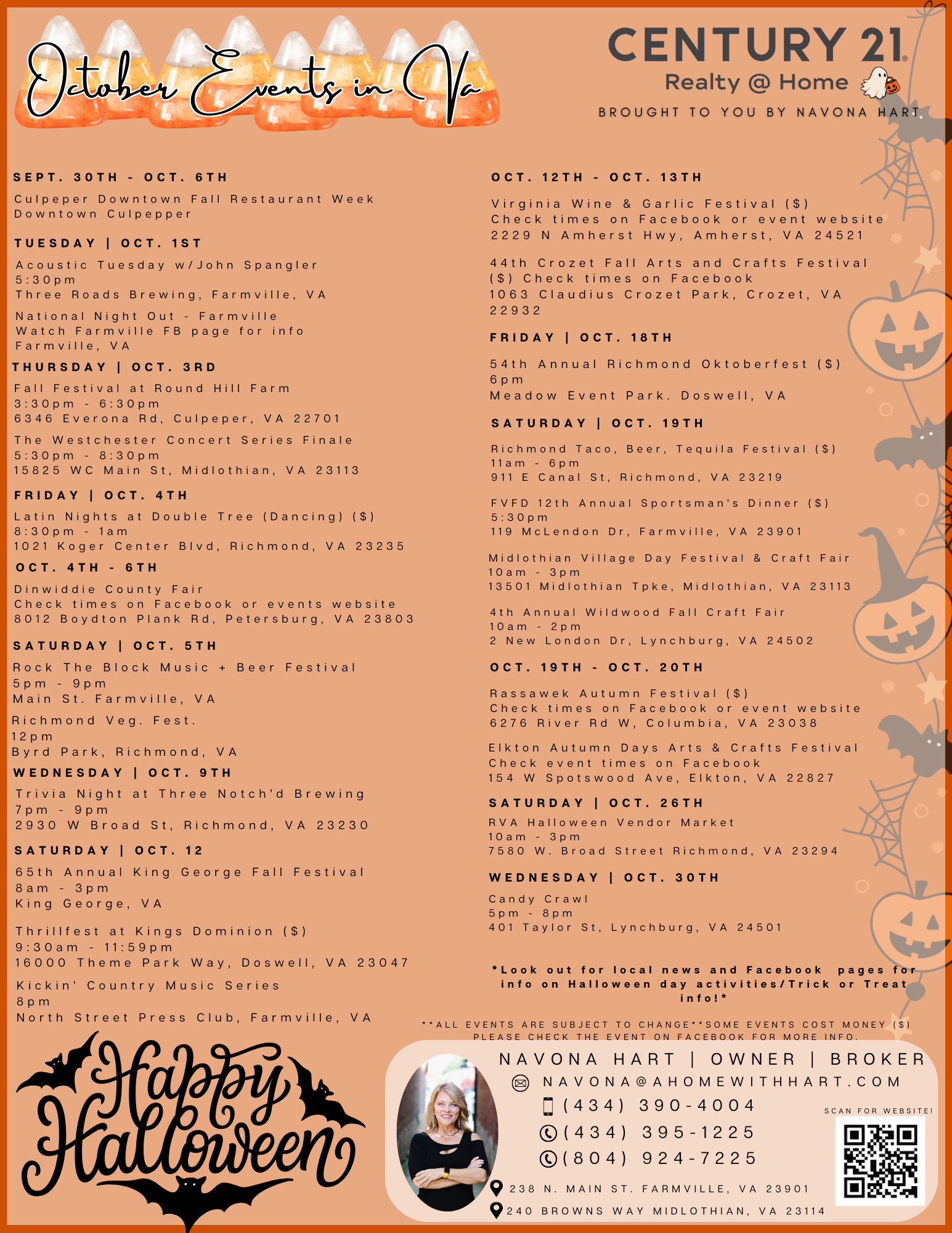 October 2024 Event Calendar for Virginia Central Virginia Brought to you by Century 21 Realty @ Home Broker Navona hart Created by Rhionna Eberhardt